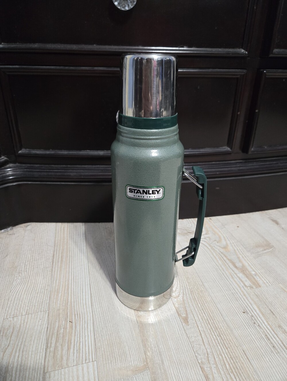 Vintage Stanley Hammertone Green Vacuum Thermos Bottle 1.1 Qt Liter With Handle